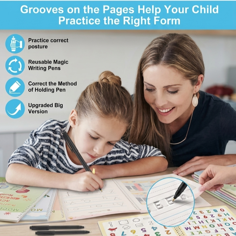 Magic Practice Copybook, (4 Book + 10 Refill+ 1Pen +1 Grip) Number Tracing Book for Preschoolers with Pen, Magic Calligraphy Copybook Set Practical Writing Tool Simple Hand Lettering