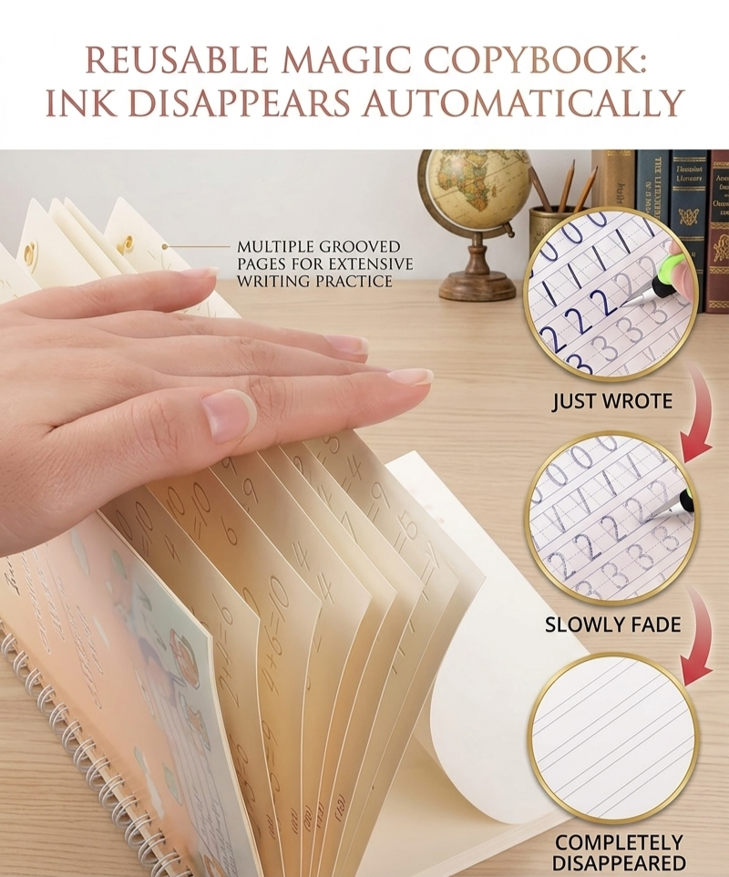 Magic Practice Copybook, (4 Book + 10 Refill+ 1Pen +1 Grip) Number Tracing Book for Preschoolers with Pen, Magic Calligraphy Copybook Set Practical Writing Tool Simple Hand Lettering