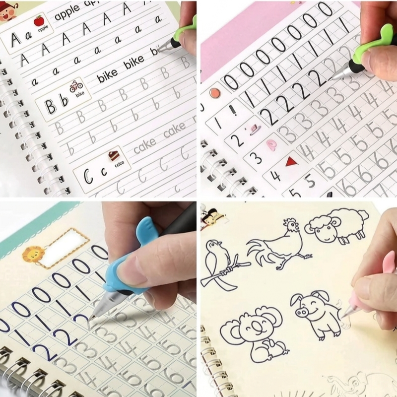 Magic Practice Copybook, (4 Book + 10 Refill+ 1Pen +1 Grip) Number Tracing Book for Preschoolers with Pen, Magic Calligraphy Copybook Set Practical Writing Tool Simple Hand Lettering