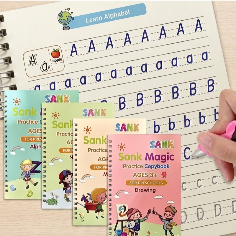 Magic Practice Copybook, (4 Book + 10 Refill+ 1Pen +1 Grip) Number Tracing Book for Preschoolers with Pen, Magic Calligraphy Copybook Set Practical Writing Tool Simple Hand Lettering